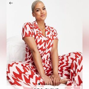 ASOS DESIGN Curve viscose marble shirt & pants pajama set in pink & red